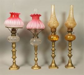 Lot 174 4pc Brass Peg Oil Lamps. One matching pair. One s
