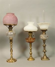 Lot 175 3pc Brass Peg Oil Lamps. Brass candlesticks with 