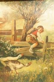 Lot 195 Small Oil Painting on Canvas. Boy Climbing Fence 