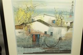 Lot 208 Signed Asian Watercolor. Building with flowering 