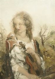 Lot 218 Aurel Naray Oil Painting. Girl with Violin. Muted