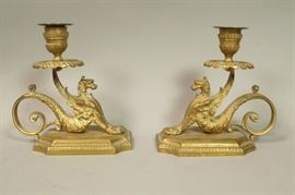 Lot 259 Pr Brass Griffin Candle Holders. Highly detailed.