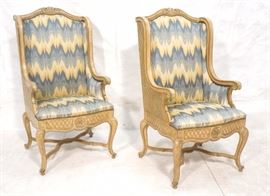 Lot 291 Pr Carved frame Wing Chairs. Blue  Gold Flame st