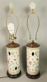Lot 303 Pr Asian Stoneware Column Table Lamps. Hand Pain