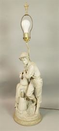 Lot 308 Tall Figural Bisque Table Lamp. Man at Well. 