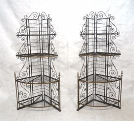Lot 325 Pr Black Iron and Brass Corner Bakers Racks. Stan