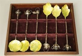 Lot 484 Set 6 Enameled Silver Leaf Design Spoons. Figural
