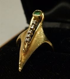 Lot 525 18K Gold Emerald  Diamond Modernist Ladies Ring.