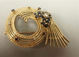 Lot 526 14K Gold Sapphire  Diamond Swirl Pin. 8 thin gol