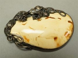 Lot 545 Sterling Silver Egg Yolk Amber Brooch Pin. Artisa
