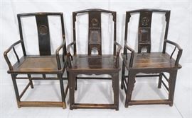 Lot 343 Lot 3 Carved Chinese Arm Chairs. HUANGHUALI. Chai