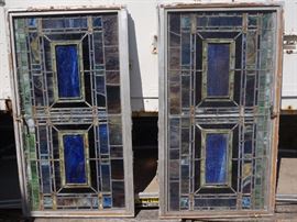 Lot 350 2pc Antique Leaded Glass Windows mounted in alumi
