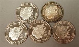 Lot 407 5pc 999 Fine Bullion Coins. 1990 Silver Koala $5 