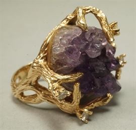 Lot 510 Large Rough Amethyst Crystal 14K YG Gold Ring. 4 