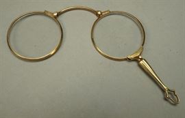 Lot 512 14K YG Gold Lorgnette Hinged Glasses. Gold frames