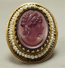 Lot 513 Purple glass intaglio Gold Ladies Ring. Molded gl