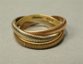 Lot 519 Signed CARTIER Tri Color 18K Gold Band. Three rib