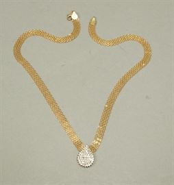 Lot 570 10K Gold Chain Maille Necklace with pave diamond 