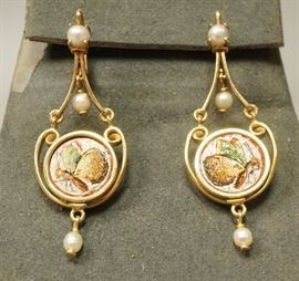 Lot 596 18K Gold Midro Mosaic Dangle Earrings. Butterflie
