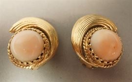 Lot 599 Large 14K Gold YG Angel Skin Coral Earrings. Swir