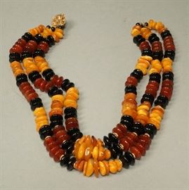Lot 601 Triple Strand Amber Carnelian  Black Onyx Bead N