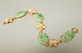 Lot 623 Carved Jade 14K Gold  Pearl Link Bracelets. Test