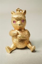 Lot 631 14K Gold Teddy Bear Pendant. Ruby Eyes. Hollow. M