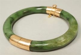 Lot 632A Asian 14K Gold Green Jade Bangle Bracelet. Hinged