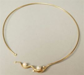 Lot 632B 14K Gold Studio Necklace with diamonds  pearls. 