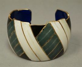 Lot 639 Signed KUO Champleve Enamel Cuff Bracelet. Pearli