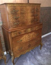 Antique burled walnut chest on chest with cedar chest bottom drawer
