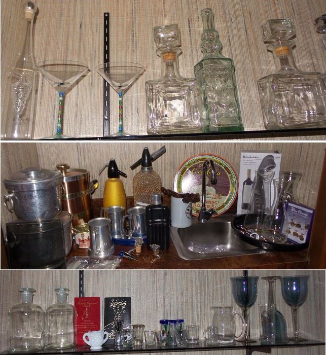 Bar items, stemware, decanters, wine, cocktails, ice bucket, pitchers, openers, entertainining