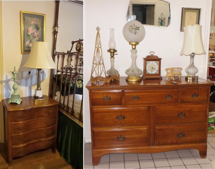 Mahogany chest. Small 4 drawer dresser bow front.  Globe lamps, gas lamps. vintage mirrors