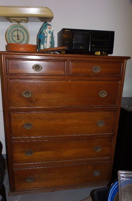1940s - 1930s dresser tall chest. Pioneer DVD receiver. Vintage scales
