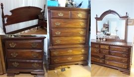 King bedroom suite.  Headboard, 2 side night tables, tall gentleman's chest, dresser and mirror.  Mahogany