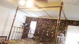 Antique, from Australia, metal brass 4-poster poster bed with 3 side rails (Wedding Bed Style) with mother-of-pearl medallions. Custom fit mattress included
