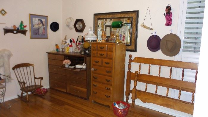 vintage bedroom. Full-queen cherry headboard footboard. Lingerie chest. child's rocker. Dresser with secretary. Vintage toys