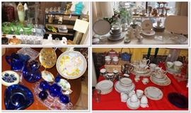 Vintage china and glass.  Cobalt blue.  Green Depression glass. English China. Brass and silverplate. Crystal and glass