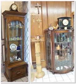 Vintage / Antique curio cabinets.  Bow front stain glass and tall narrow.  Marble pedestal