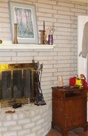 vintage antique table, spindles, fireplace set. Unique original art