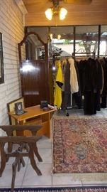 Antique 2 panels screen. Rugs in most rooms.  Fur coats - short to full length. Victorian wood table pedestals