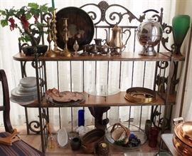 Antique heavy iron display case or hutch.  Silver and copper entertaining items. Candlesticks.  Tea Service