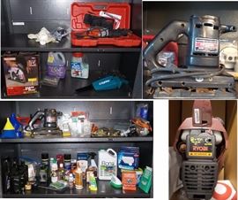 Power sander, weed eater, drills and reciprocating saw.  Lawn and garden products, car care products. home care products
