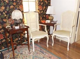 French Provincial chairs and small sofa table.  antique side table set.  Unique lamps including a silver teapot lamp