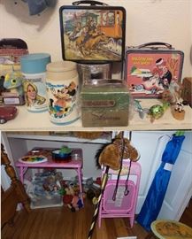 Games and toys: board games, bean bag toss game
Wood Castle / Doll house with 4 people and furniture PLUS additional wood doll furniture
Vintage toys: Mr. T Puppet, emu bird marionette, Speak and Spell, antique tablets and teacher books, books. Small set of HO gauge trains, Tyco trucking set (not complete)
Play food, fruits and vegetables. Table with 2 chairs, bean bag game. Old lunch boxes
