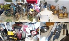 Kitchen items to fill a store. Utensils, knives, plates and platters, flatware, silverware, cooking, baking, entertaining, party items