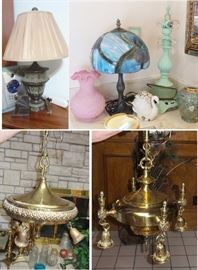 2 brass light fixtures.  Many stain glass Tiffany Style lights. Many unique lamps, standing to table