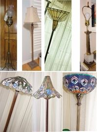 2 brass light fixtures.  Many stain glass Tiffany Style lights. Many unique lamps, standing to table