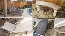 3 chase lounge chairs, Fire pit table, cement bench, cement fountain. Many small tables