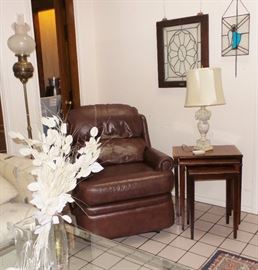 Leather chair recliner.  Nesting table set. Marble lamp set, oil lamp, stained glass panels, rugs